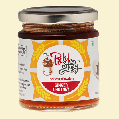 Jar of Ginger Chutney from The Pickle Story on a beige background