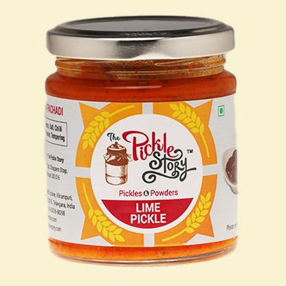 Jar of Lime Pickle from The Pickle Story on a beige background