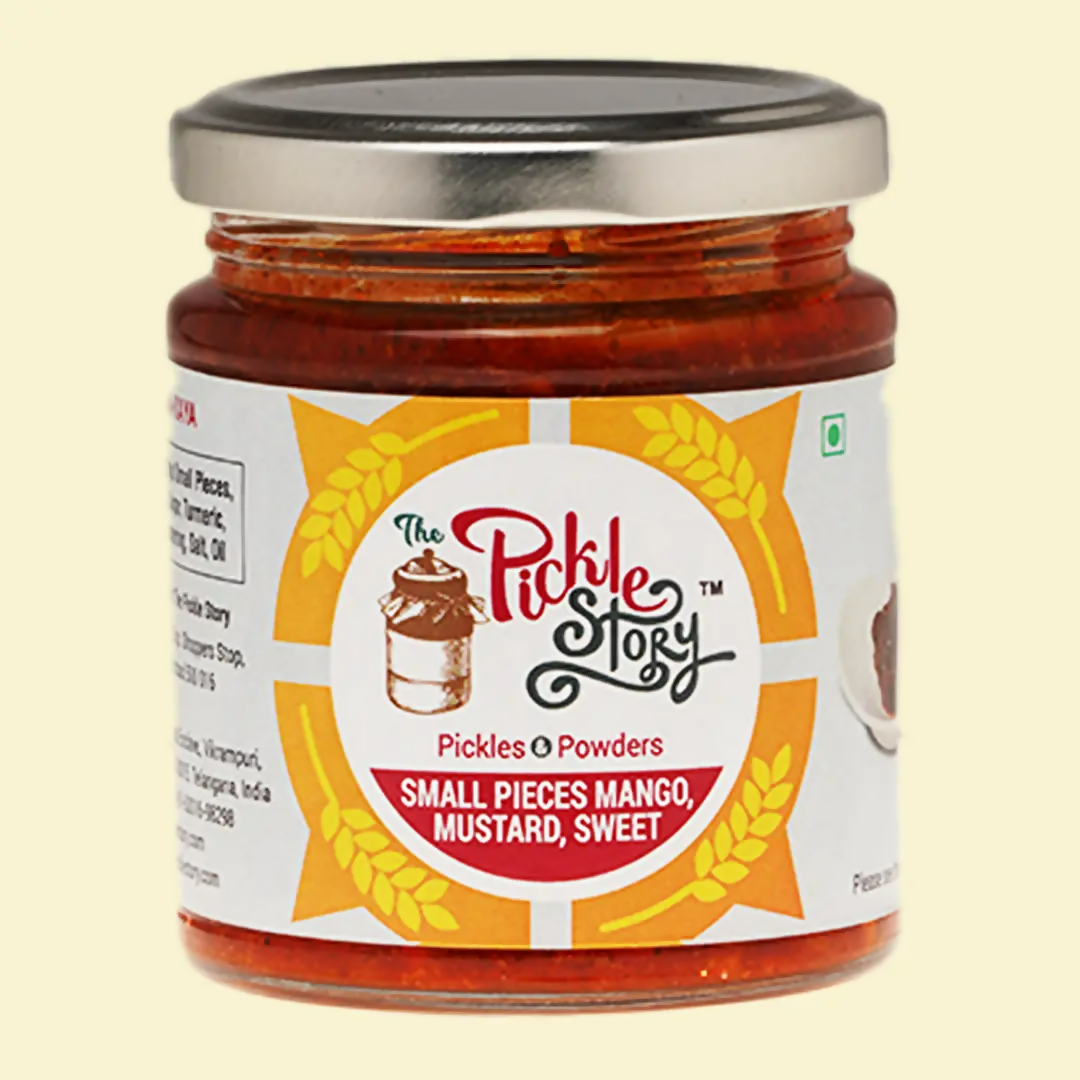 Jar of 'The Pickle Story' pickles with a yellow label on a beige background
