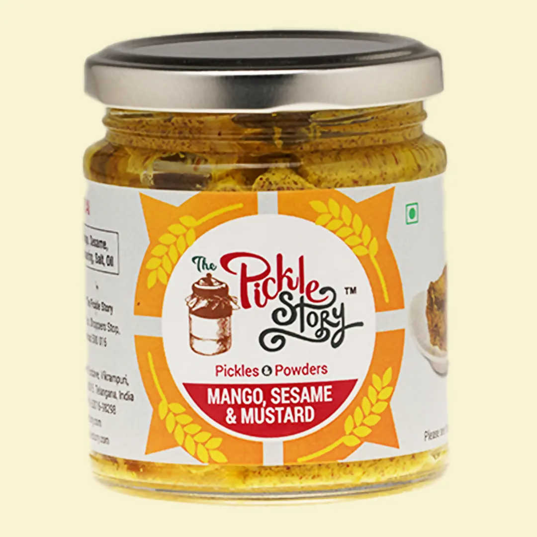 Jar of 'The Pickle Story' mango, sesame, and mustard pickle on a beige background