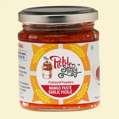 Jar of 'The Pickle Story' Mango Paste Garlic Pickle on a beige background