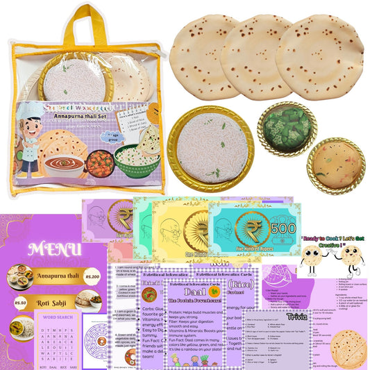 Collage of roti, packaging, and educational materials on a white background