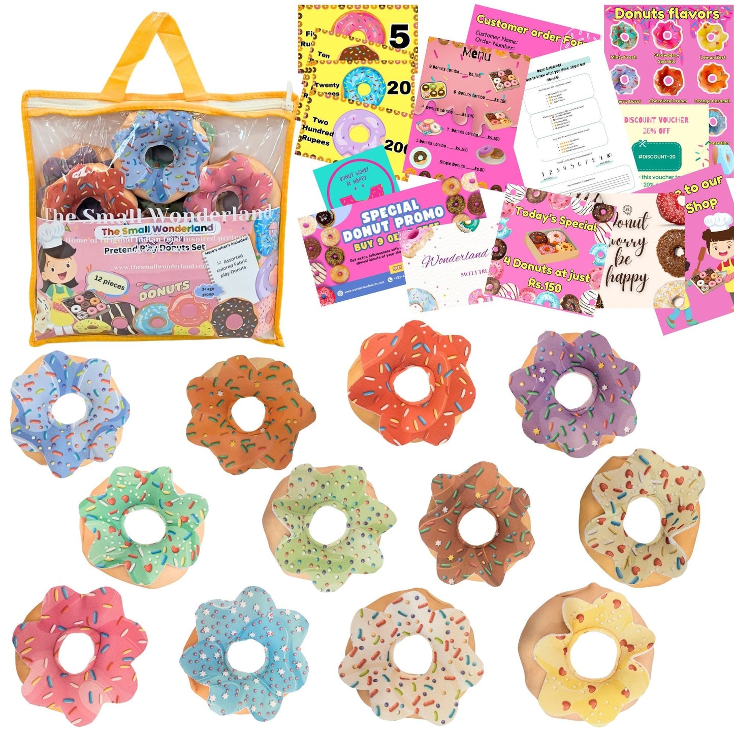 Set of colorful donut-shaped toys with packaging and accessories on a white background