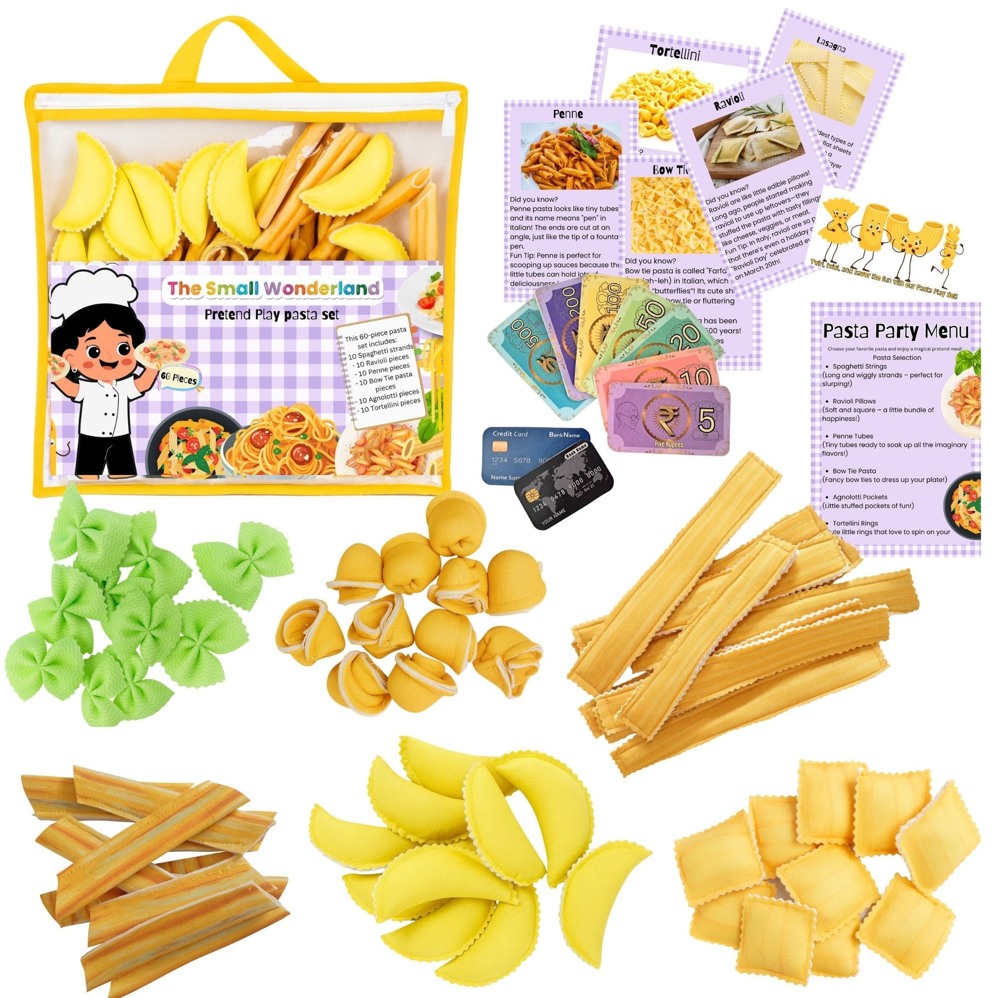 Assorted pasta shapes with educational cards and a storage bag on a white background