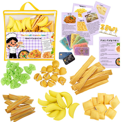 Assorted pasta shapes with educational cards and a storage bag on a white background