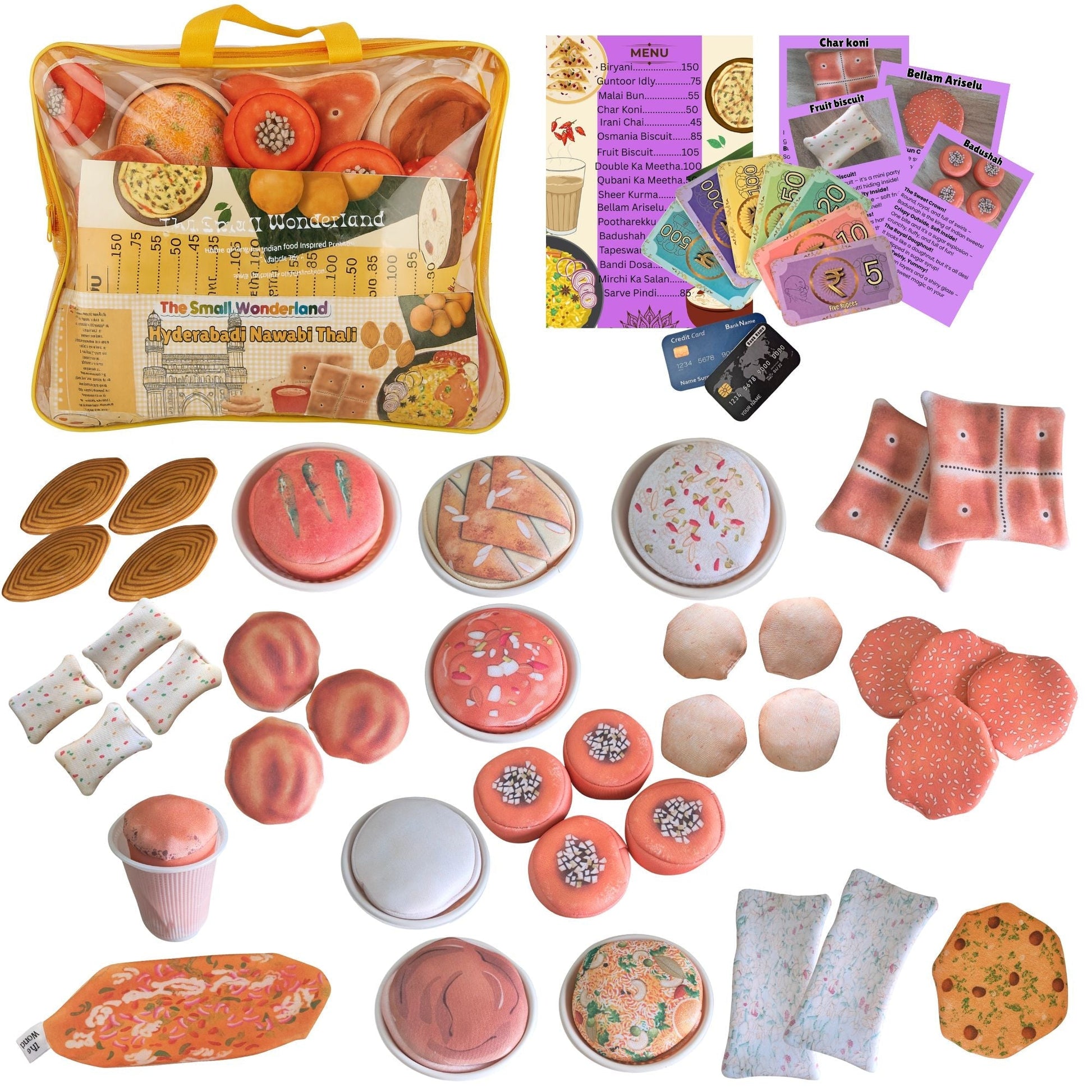 Collection of toy food items, packaging, and accessories on a white background