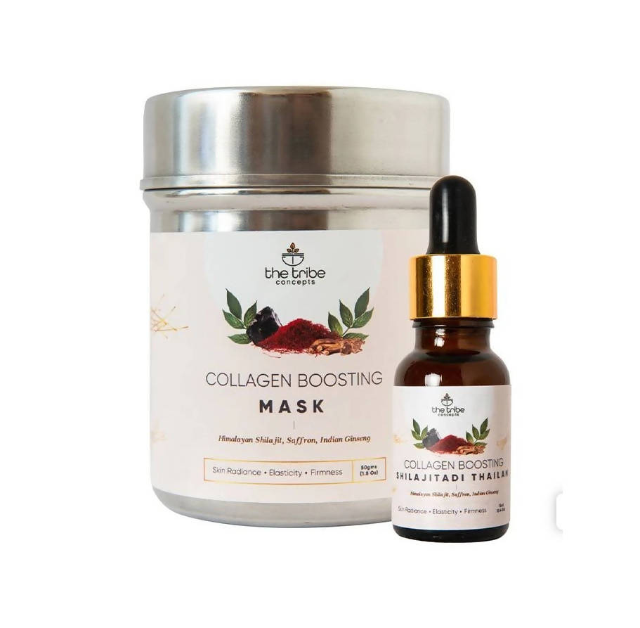 Collagen boosting mask and serum from 'the tribe' on a white background