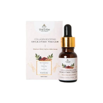 Collagen boosting Shilajitadi Thailam bottle with packaging on a white background