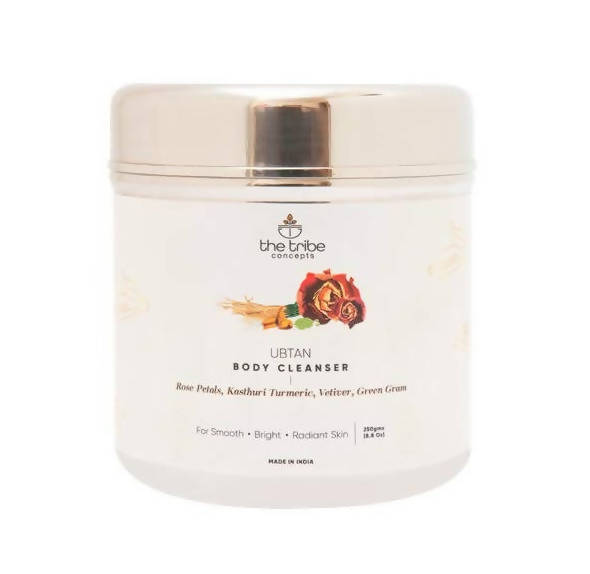 A packaged Ubtan body cleanser by The Tribe Concepts, featuring an image of rose petals and spices on the label.