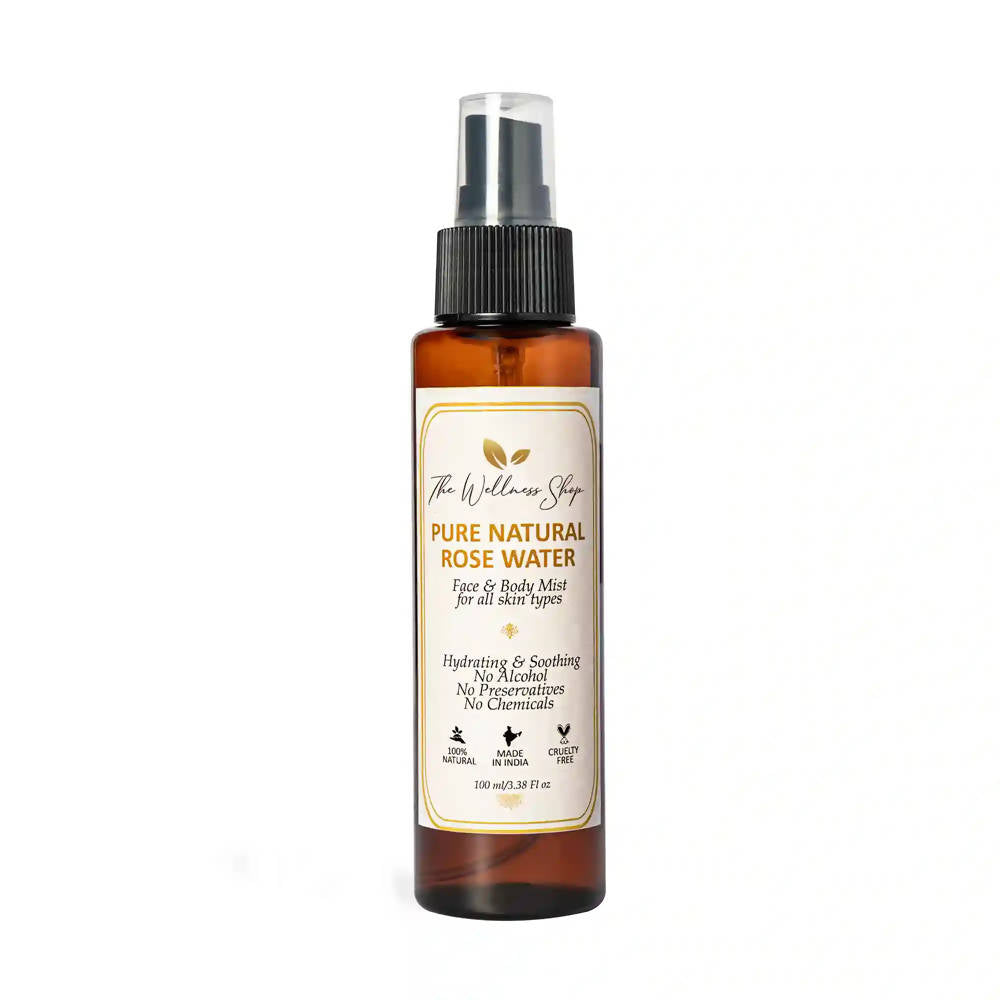 Brown spray bottle of pure natural rose water on a white background