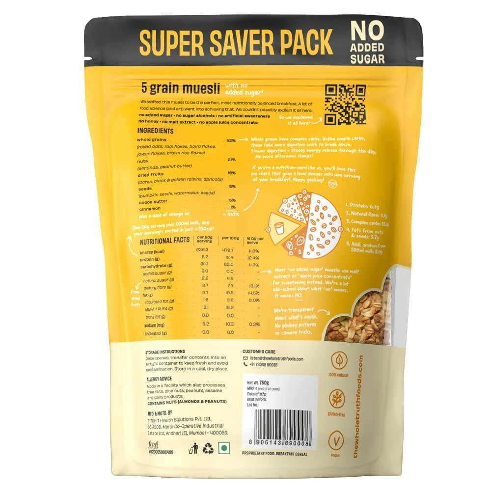 Yellow package of 5 grain muesli with nutritional information and QR code on a white background