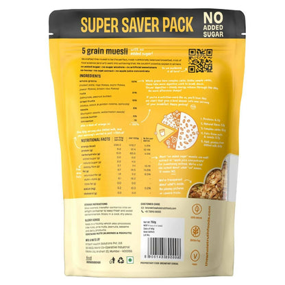 Yellow package of 5 grain muesli with nutritional information and QR code on a white background