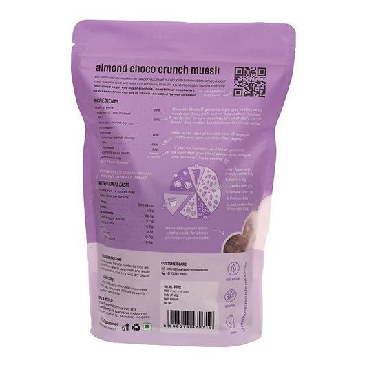 Purple package of almond choco crunch muesli with nutritional information and QR code on a white background