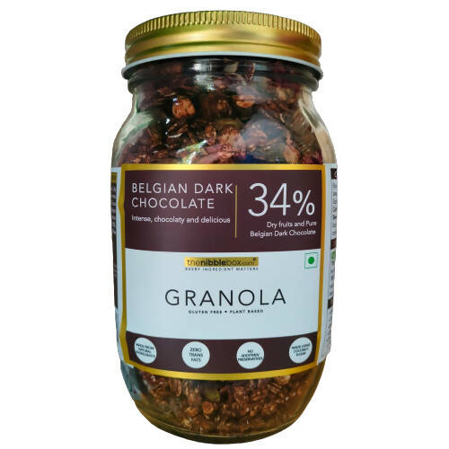 Jar of Belgian Dark Chocolate Granola with a gold lid on a white background