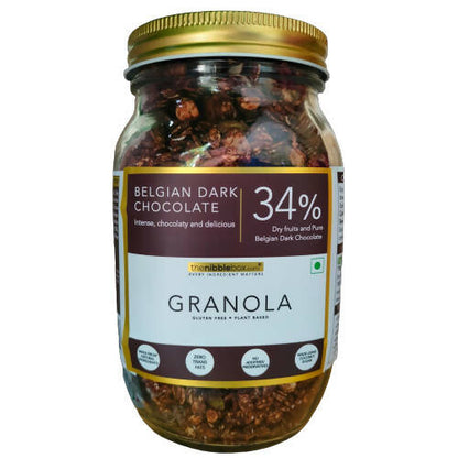 Jar of Belgian Dark Chocolate Granola with a gold lid on a white background
