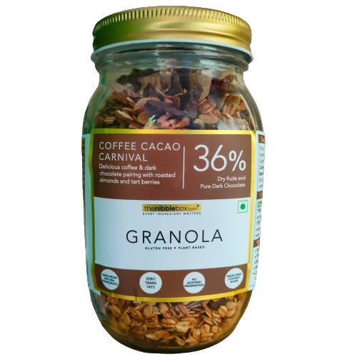 Jar of Coffee Cacao Carnival Granola with a gold lid on a white background