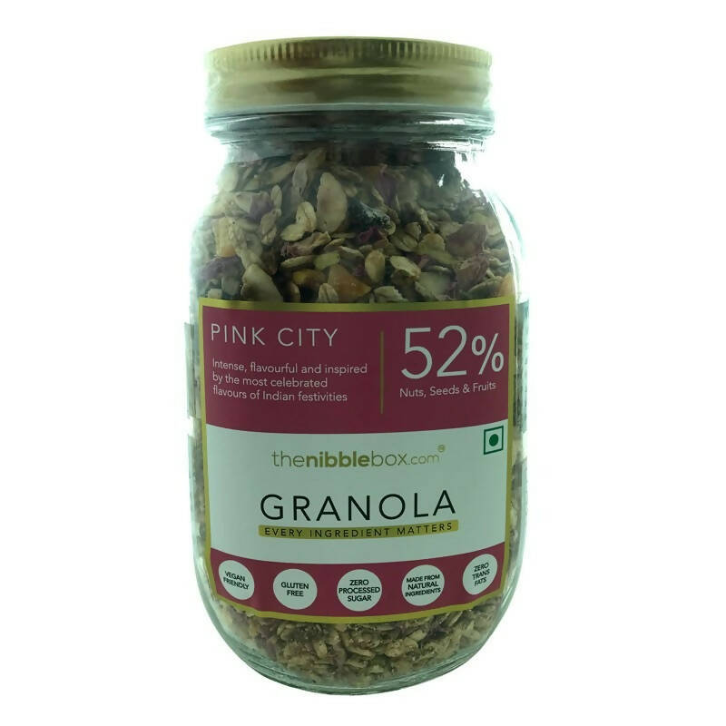 Jar of Pink City Granola with a visible label on a white background