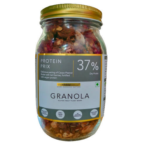 Jar of Granola with a label indicating protein content on a white background