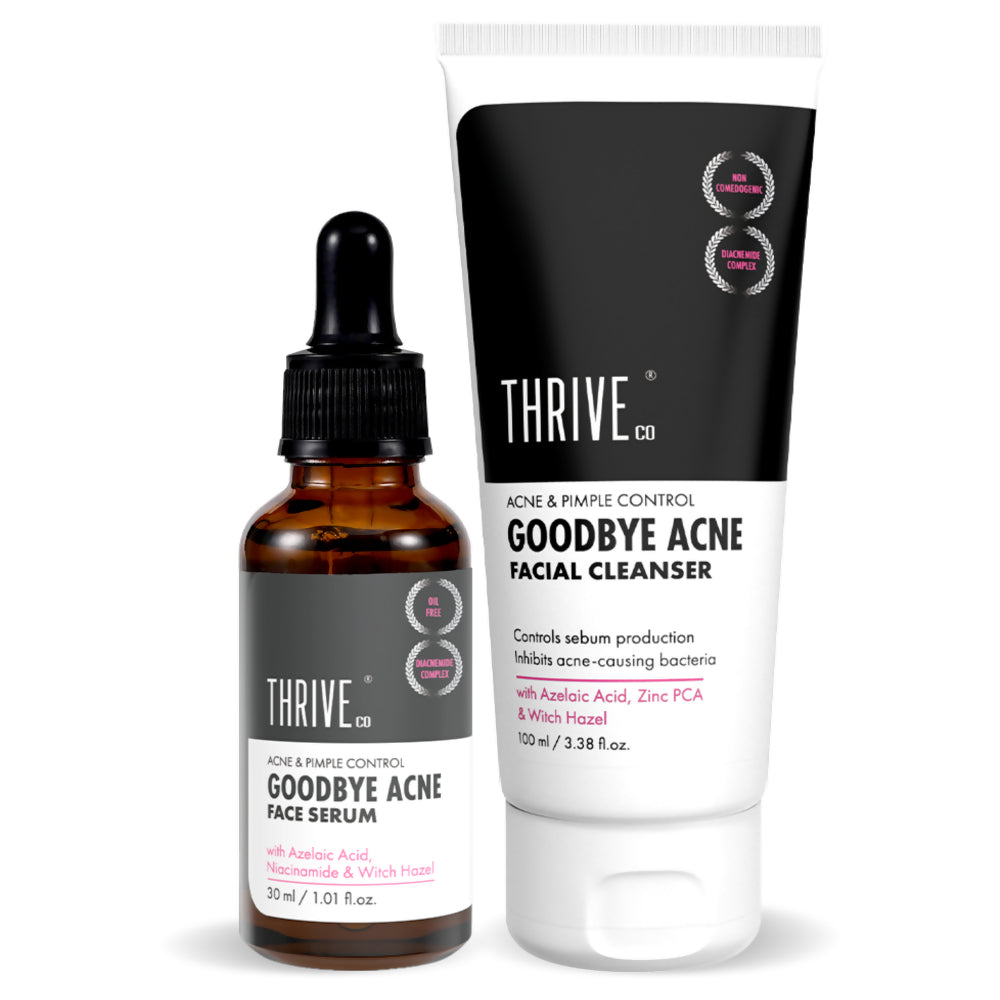 Thrive Co. skincare products including serum and cleanser on a white background