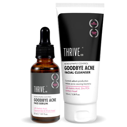Thrive Co. skincare products including serum and cleanser on a white background