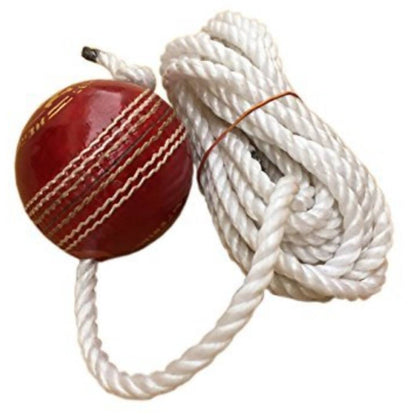 Red cricket ball tied to a white rope on a white background