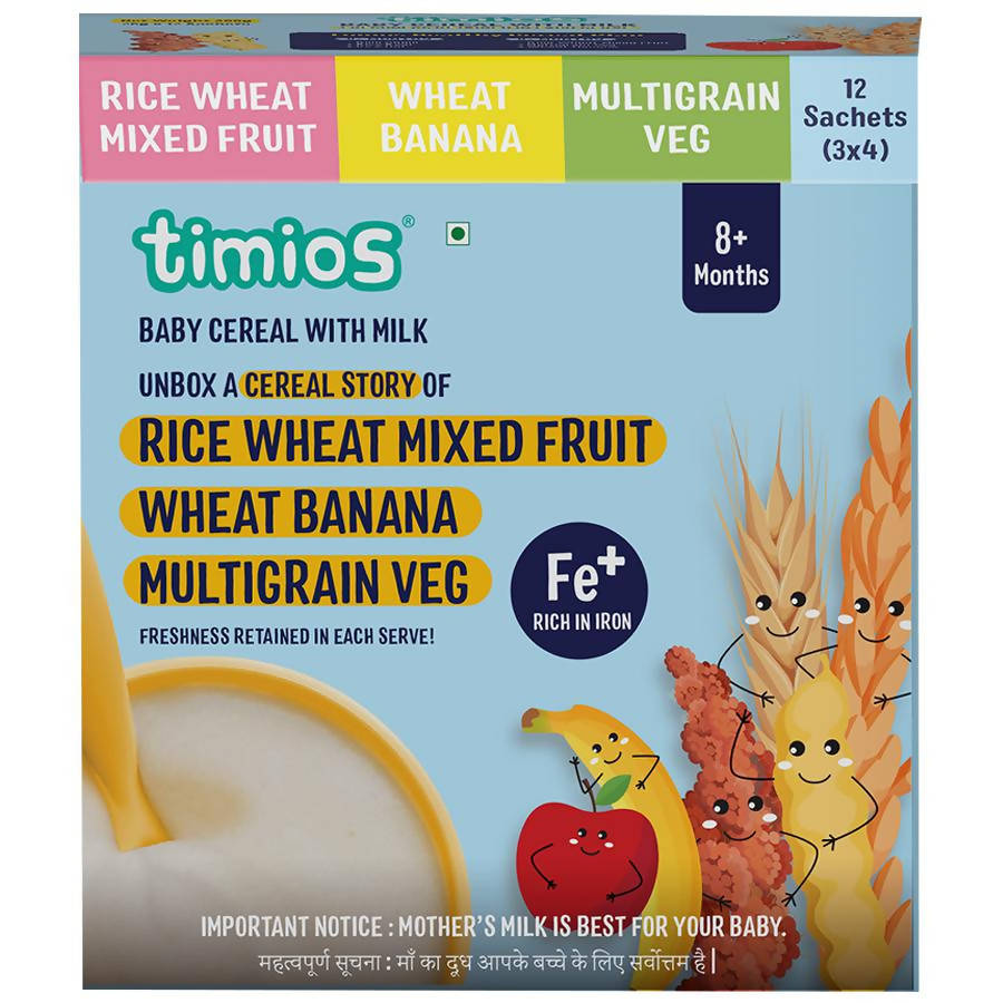 Box of timios baby cereal with milk flavors on a white background