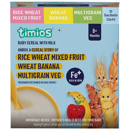 Box of timios baby cereal with milk flavors on a white background