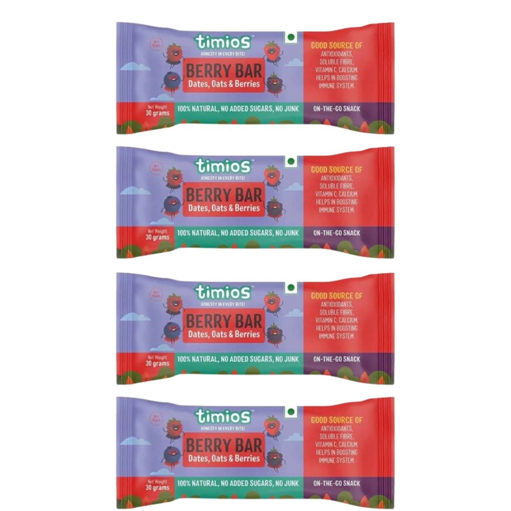 Four packages of timios Berry Bar on a white background