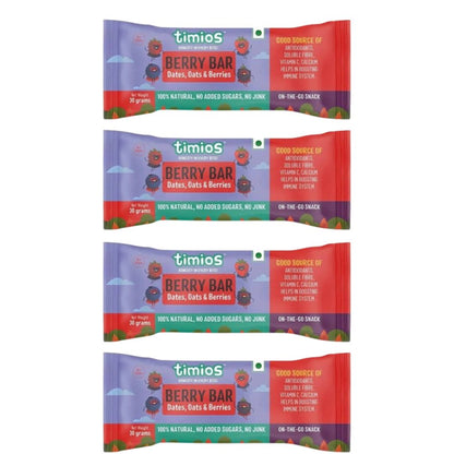 Four packages of timios Berry Bar on a white background