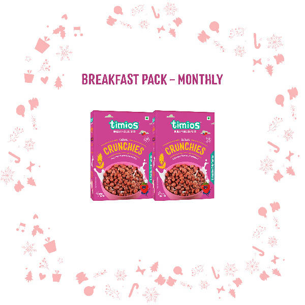 Two packages of timios Crunchies pet food with decorative elements on a white background.