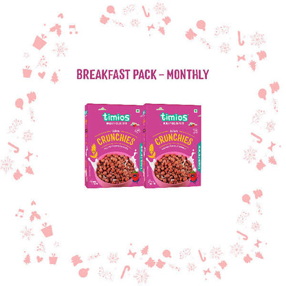 Two packages of timios Crunchies pet food with decorative elements on a white background.