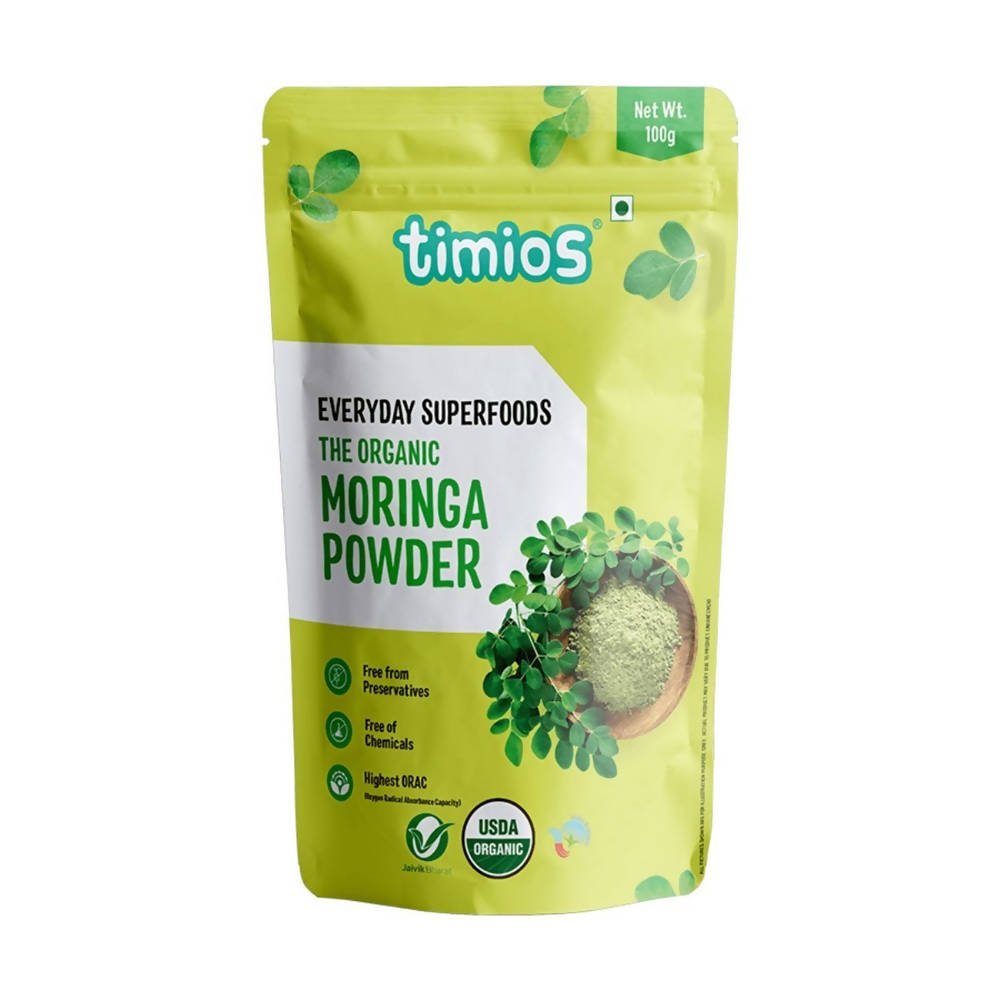 Timios organic moringa powder package on a white background