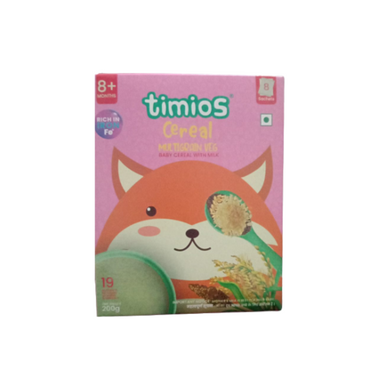 Timios cereal box with a fox design on a pink background