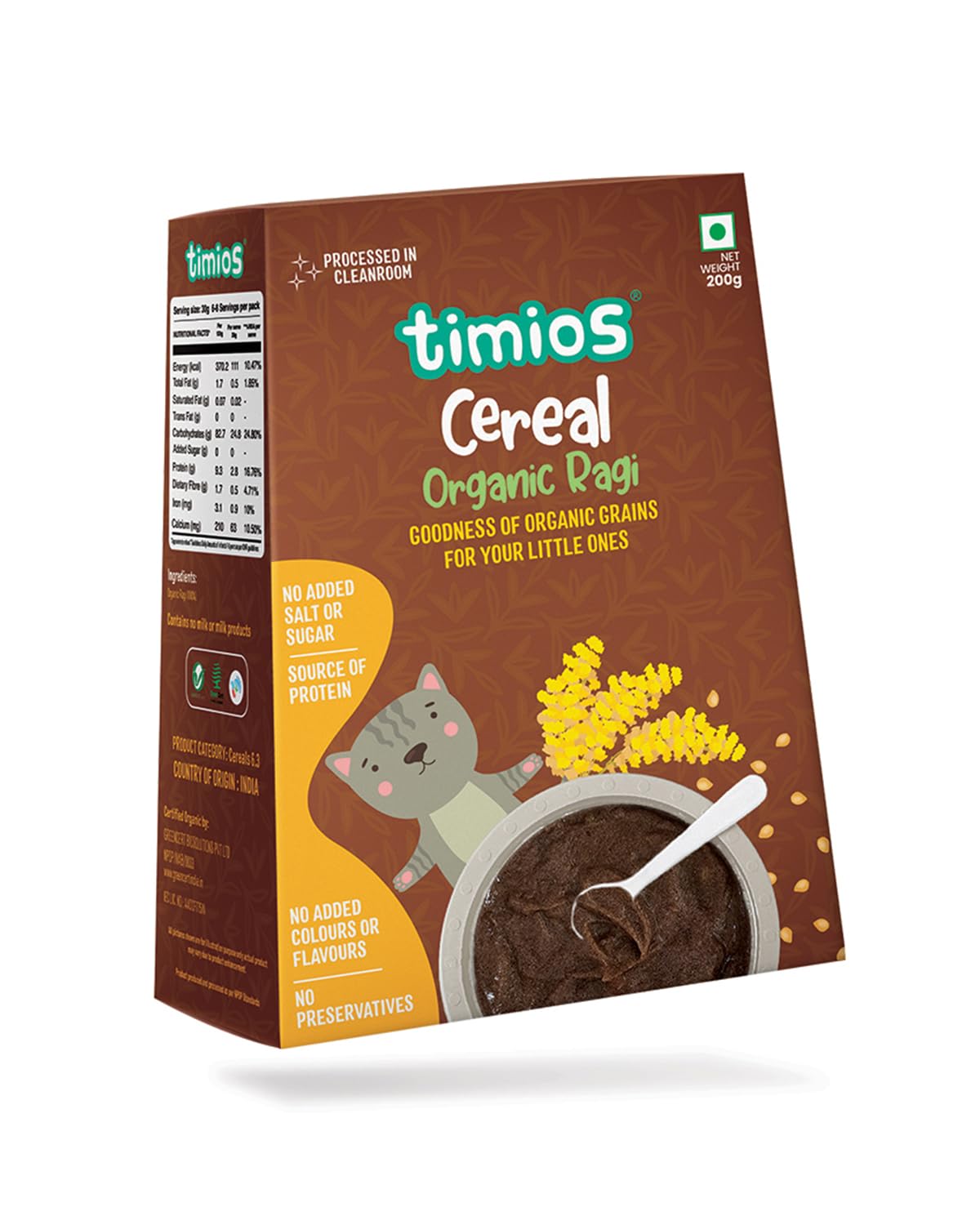 Timios Organic Cereal package with a cat illustration on a white background