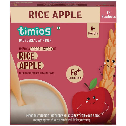 Box of timios baby cereal with rice and apple flavor on a white background