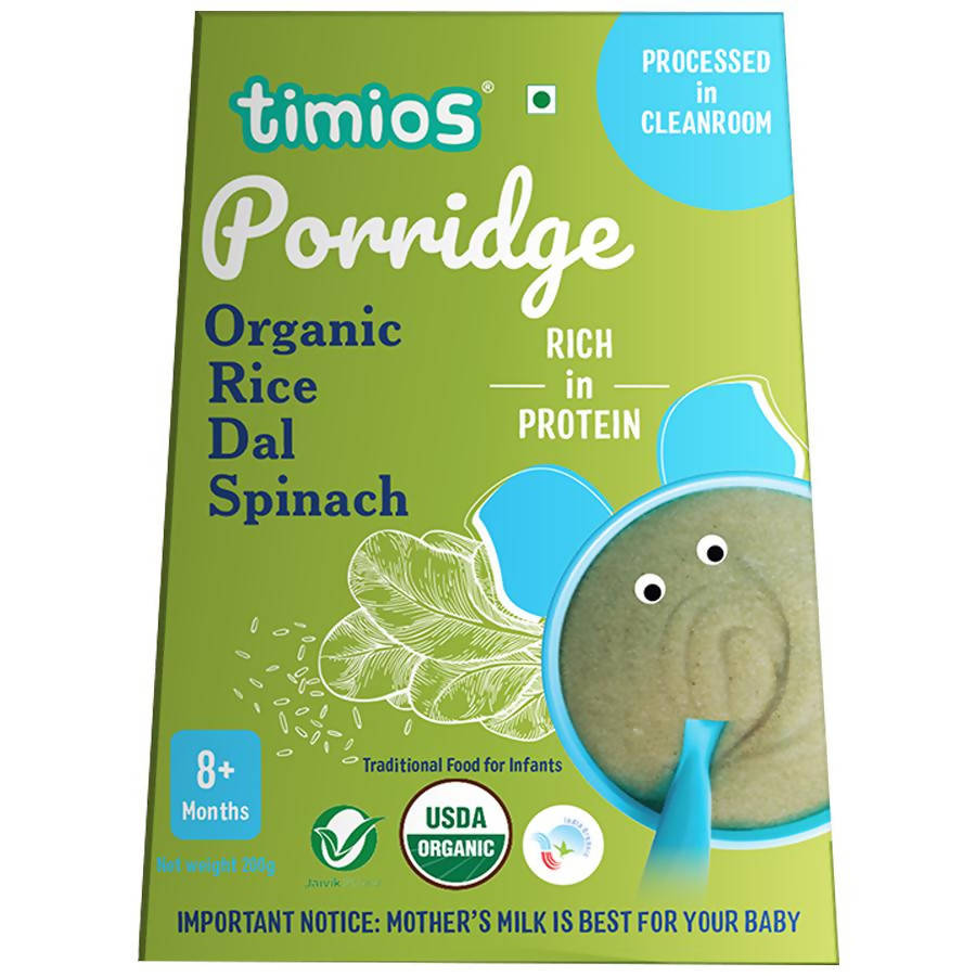 Timios Organic Rice Dal Spinach Porridge packaging on a white background