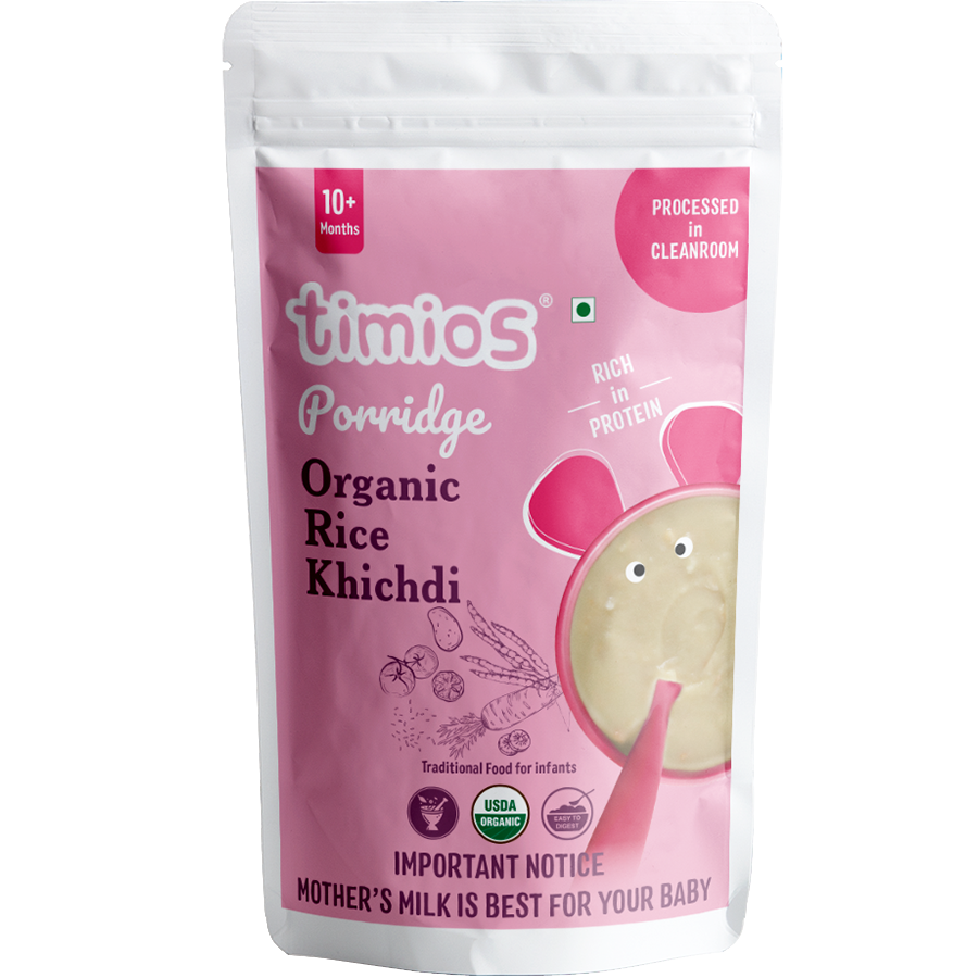 Pink package of timios Porridge Organic Rice Khichdi on a white background