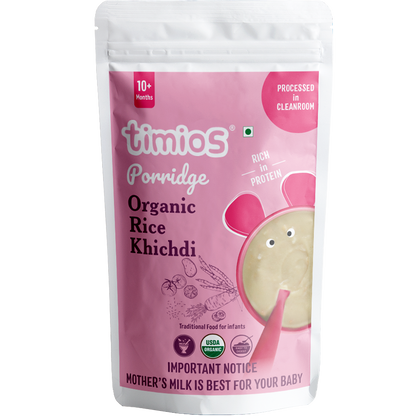 Pink package of timios Porridge Organic Rice Khichdi on a white background