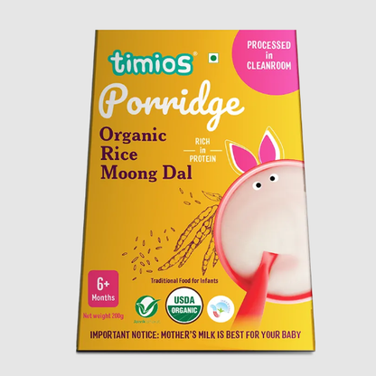 Timios Porridge Organic Rice Moong Dal packaging on a white background
