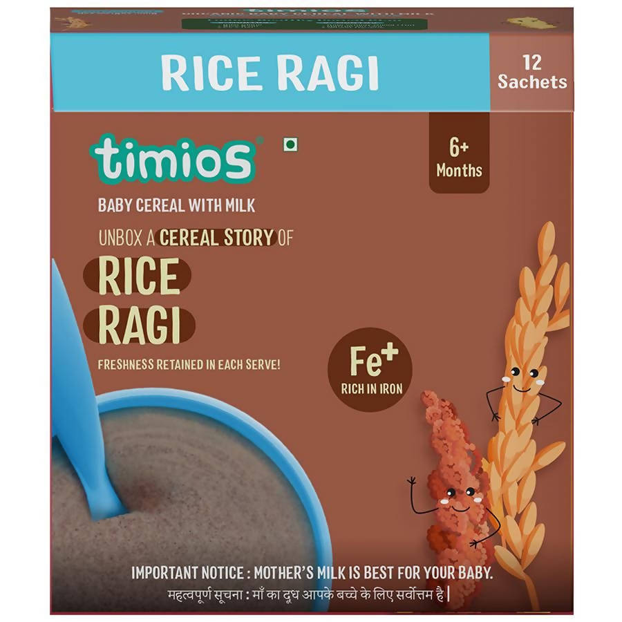 Box of timios Rice Ragi baby cereal with milk, featuring cartoon characters on a brown background.