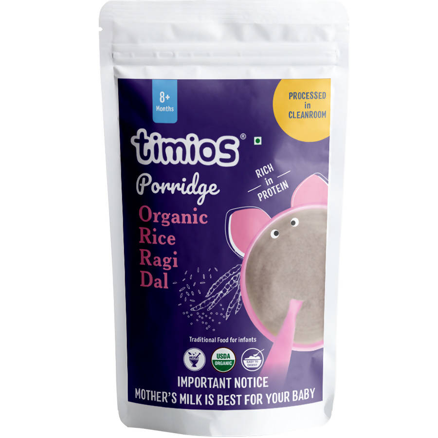 Timios Organic Rice Ragi Dal porridge packaging on a white background