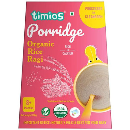 Timios Organic Rice Ragi porridge packaging on a white background