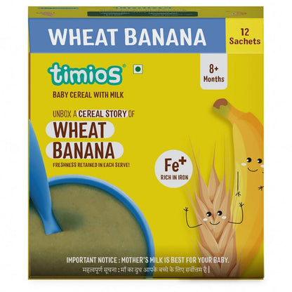 Box of timios wheat banana baby cereal with milk on a white background