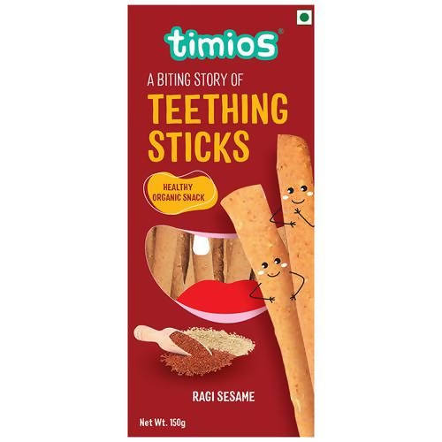 Box of timios teething sticks with a red background and images of the product.