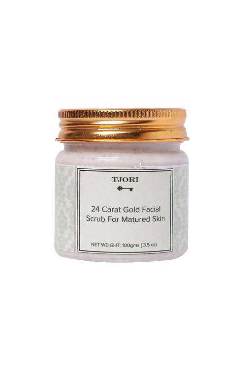 TJORI 24 Carat Gold Facial Scrub jar with gold lid on a white background