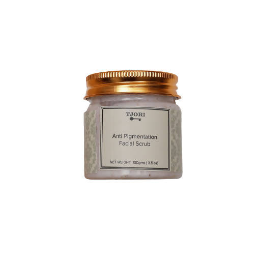 Jar of Tjori Anti Pigmentation Facial Scrub with gold lid on a white background