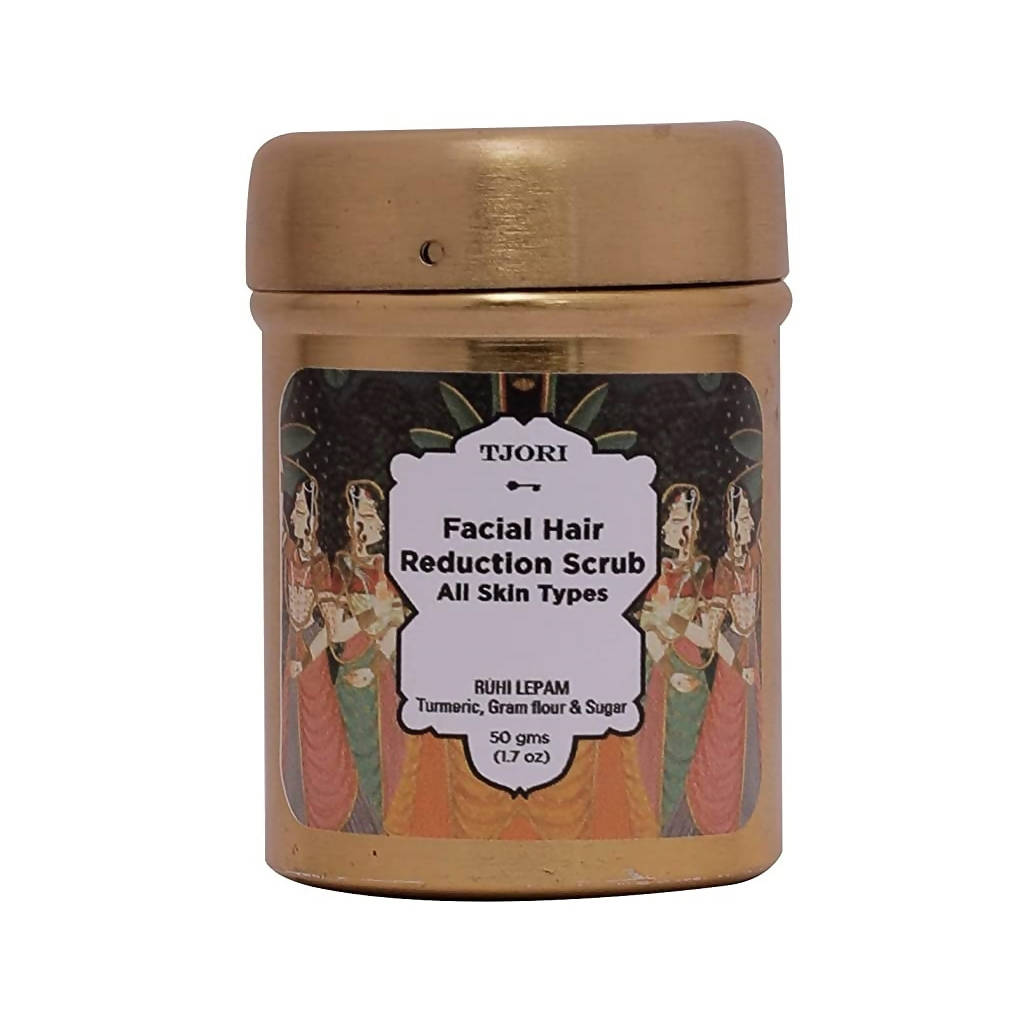TJORI facial hair reduction scrub container with decorative label on a white background