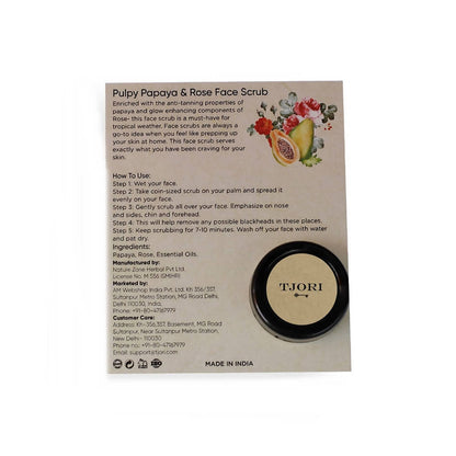 Back of a TJORI pulpy papaya & rose face scrub packaging with text and product image.