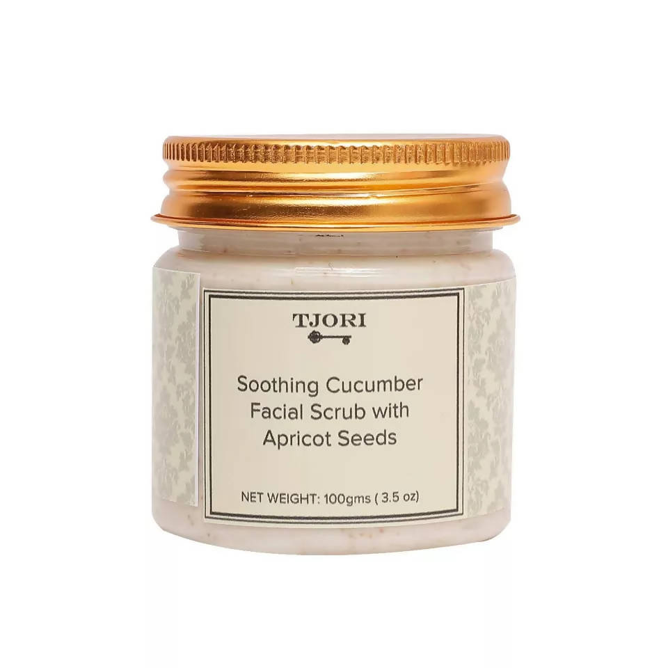 TJORI soothing cucumber facial scrub with apricot seeds jar on a white background