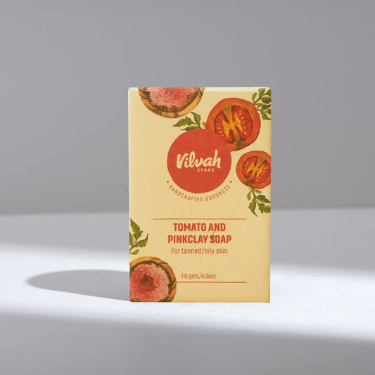 Kilvah Tomato and Pinkclay Soap packaging on a gray background